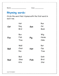 Circle the word that rhymes with the first word in each row.