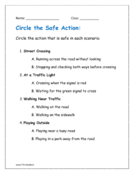 Circle the action that is safe in each scenario in the given road safety worksheets for grade 1.