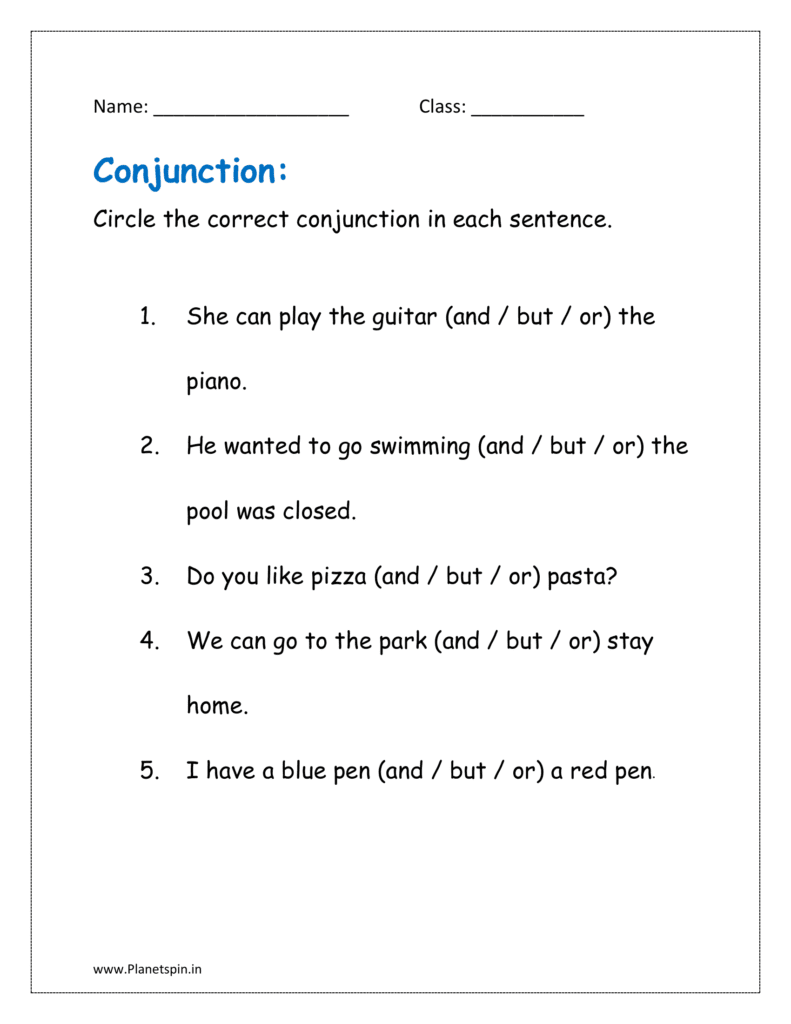 Circle the correct conjunction in each sentence (conjunction worksheets for grade 1 pdf)