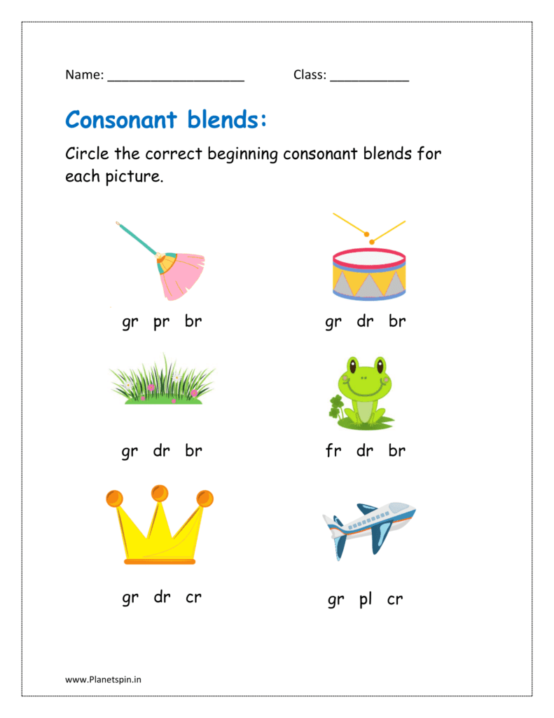 Circle the correct beginning consonant blends for each picture in the given kindergarten worksheet.