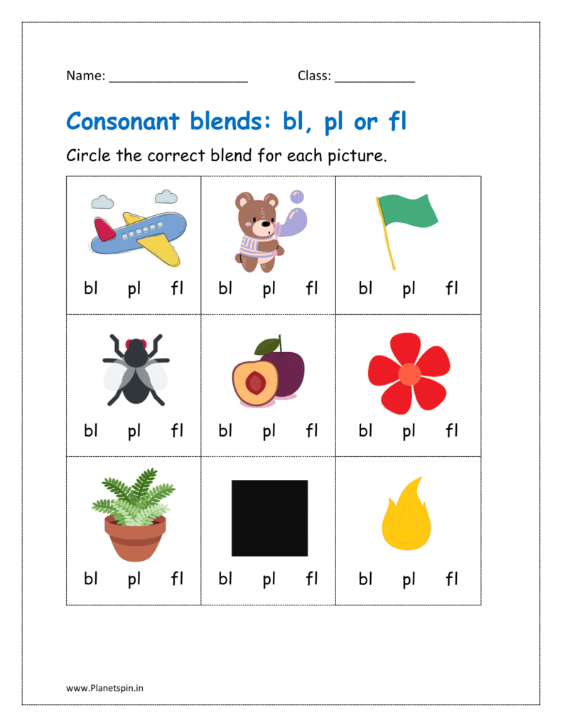 bl, pl or fl blends: Circle the correct blend for each picture in the given kindergarten worksheet.