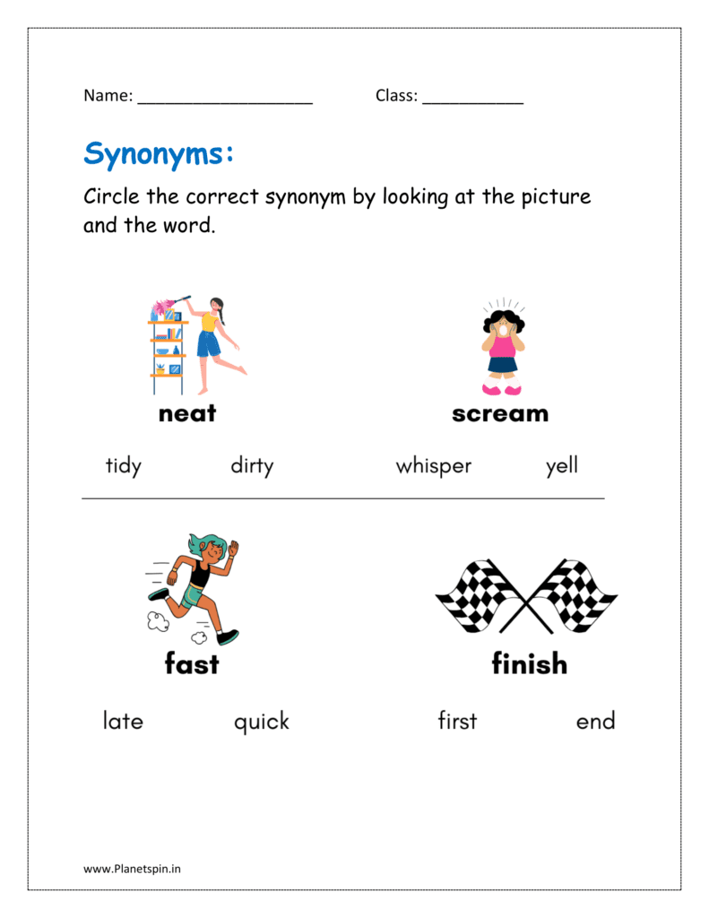 Circle the correct synonym by looking at the picture and the word