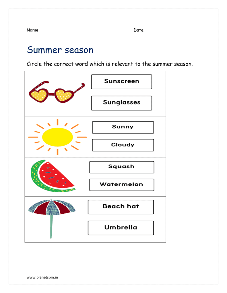 Summer: Circle the correct word which is relevant to the summer season 