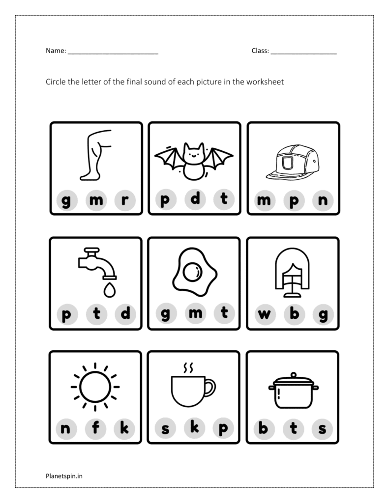 Circle the letter of the final sound of each picture: worksheet 1