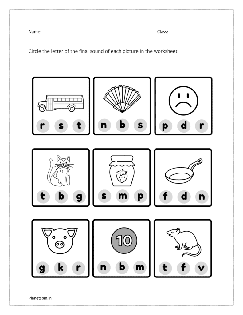 Circle the letter of the final sound of each picture: worksheet 2