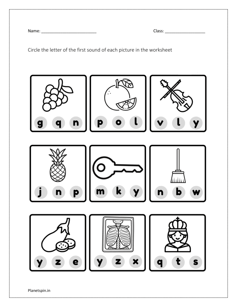 Circle the letter of the first sound of each picture: worksheet 1