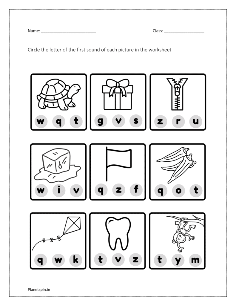 Circle the alphabet of the first sound of each picture: worksheets 2