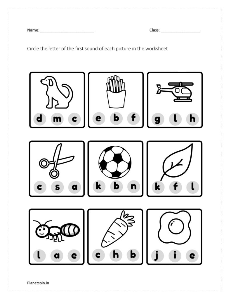 Circle the letter of the first sound of each picture: worksheet 3