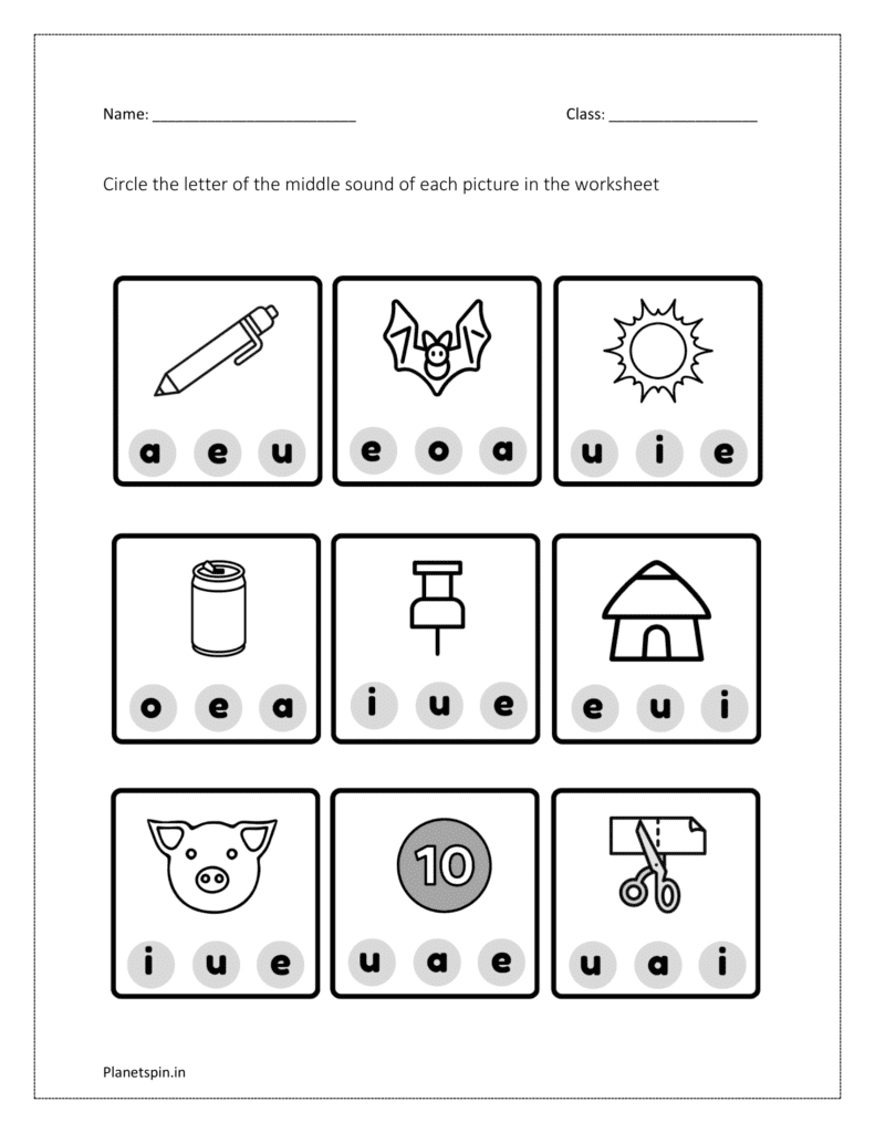 Circle the letter of the middle sound of each picture: worksheet 1