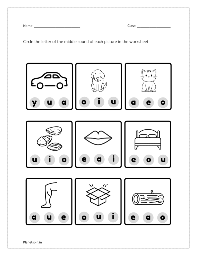 Circle the alphabet of the middle sound of each picture: worksheet 2