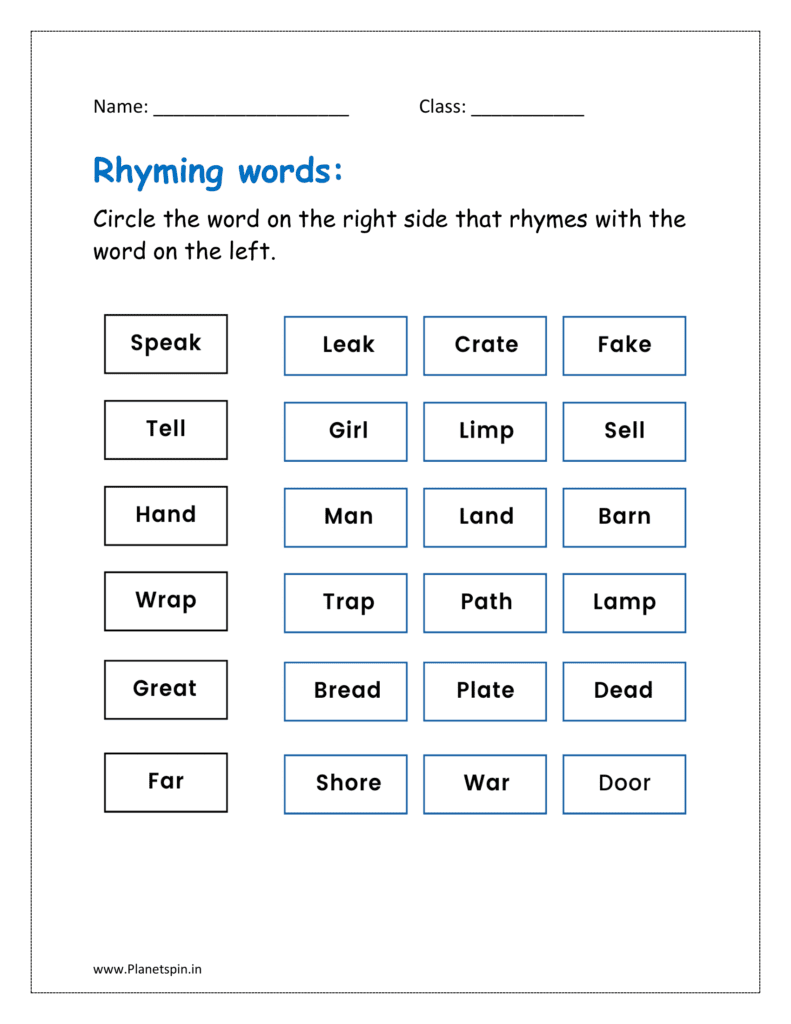 Circle the word on the right side that rhyme with the word on the left