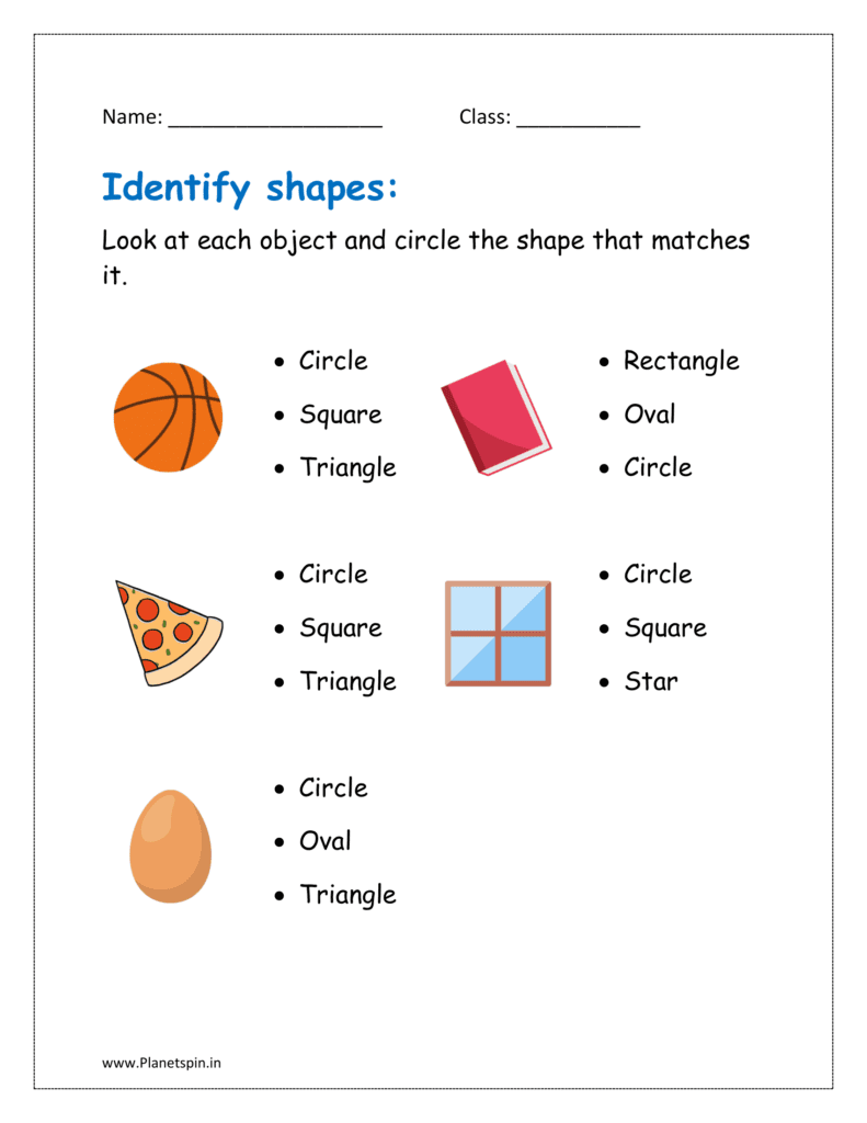 Look at each object and circle the shapes that matches it in the kindergarten worksheet.