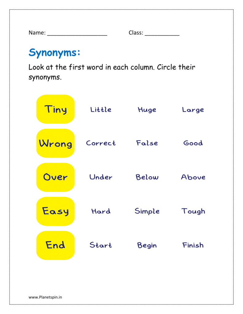 Look at the first word in each column. Circle their synonyms