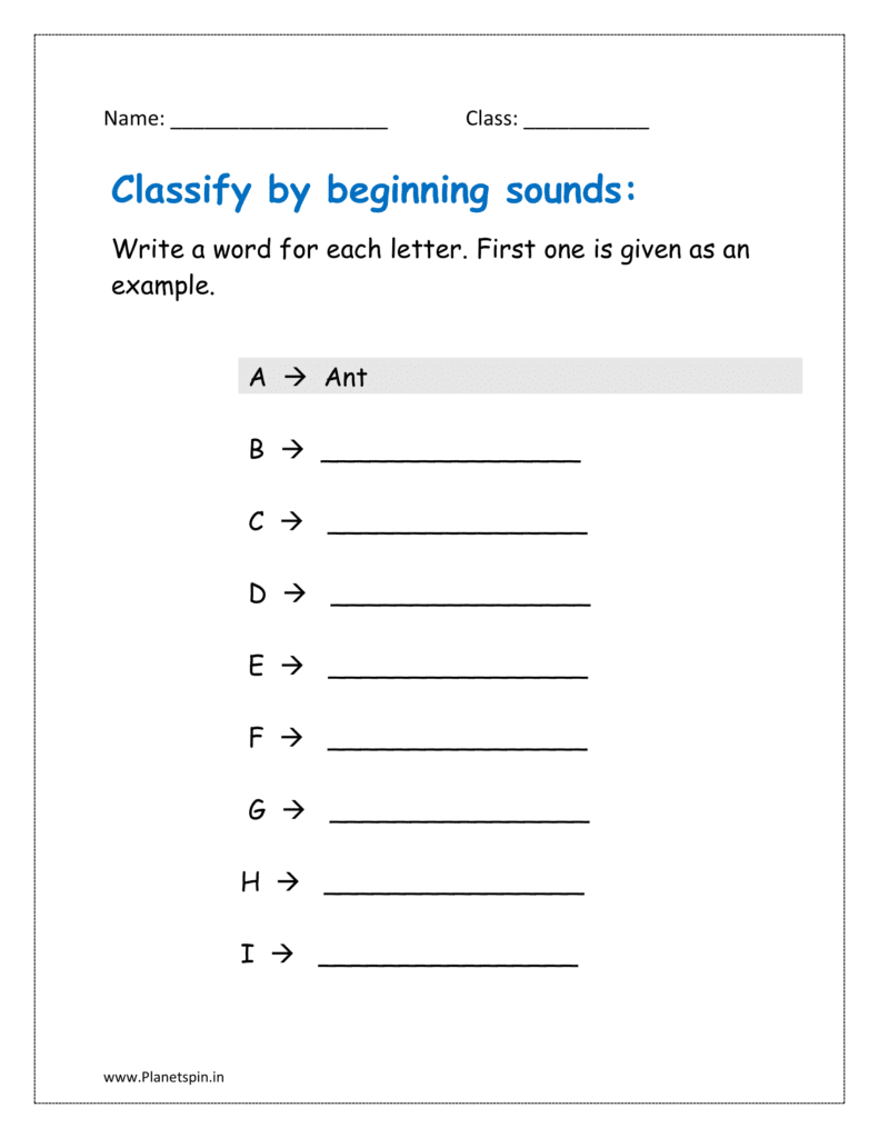 A to I: Classify by beginning sounds