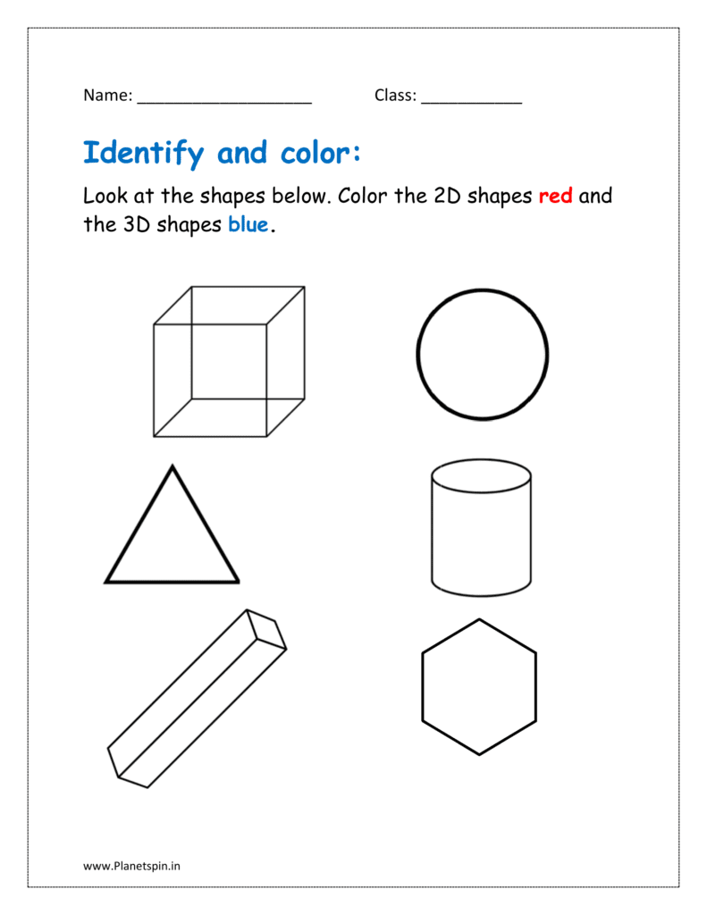 Look at the shapes below. Color the 2D shapes red and the 3D shapes blue in the green free printable kindergarten worksheets.