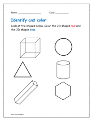 Look at the shapes below. Color the 2D shapes red and the 3D shapes blue in the green free printable kindergarten worksheets.