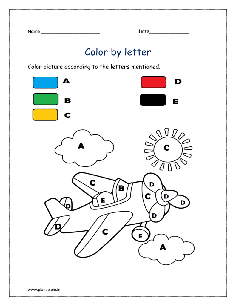 A to E: Coloring the aeroplane by letter codes and download the free printable worksheet