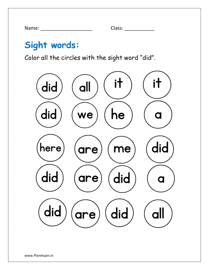 did: Color all the circles with the sight word “did” given in the worksheets pdf for free.