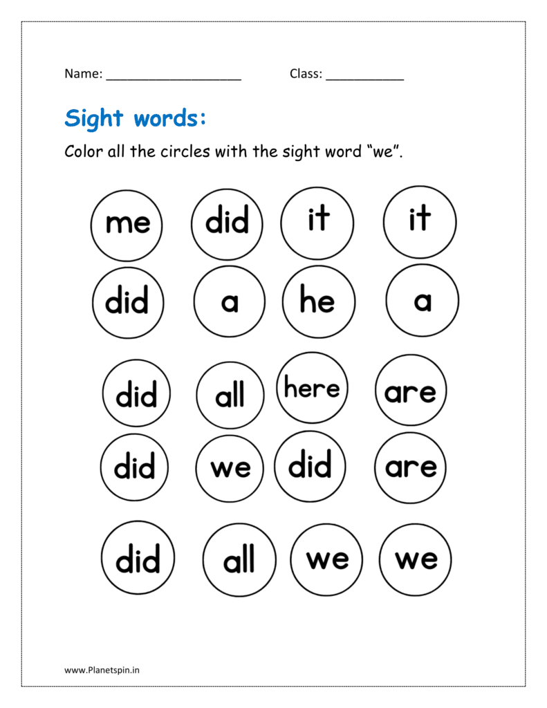 we: Color all the circles with the sight word “we”.