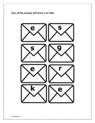 Color all the envelopes with letter e on them