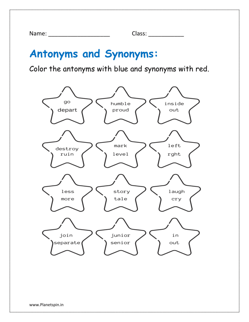 Download the synonyms and antonyms worksheets and Color the antonyms with blue and synonyms with red