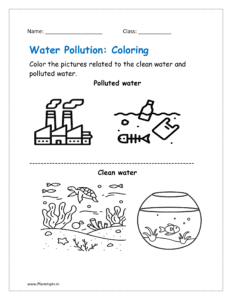 Color the pictures related: Clean water and polluted water