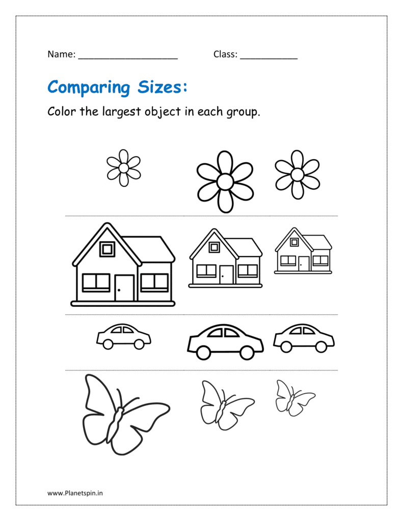 Color the largest object in each group after comparing the sizes