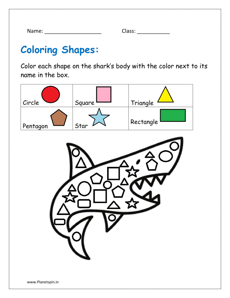 Color each shape on the shark’s body with the color next to its name in the box in the free grade 1 worksheet. 