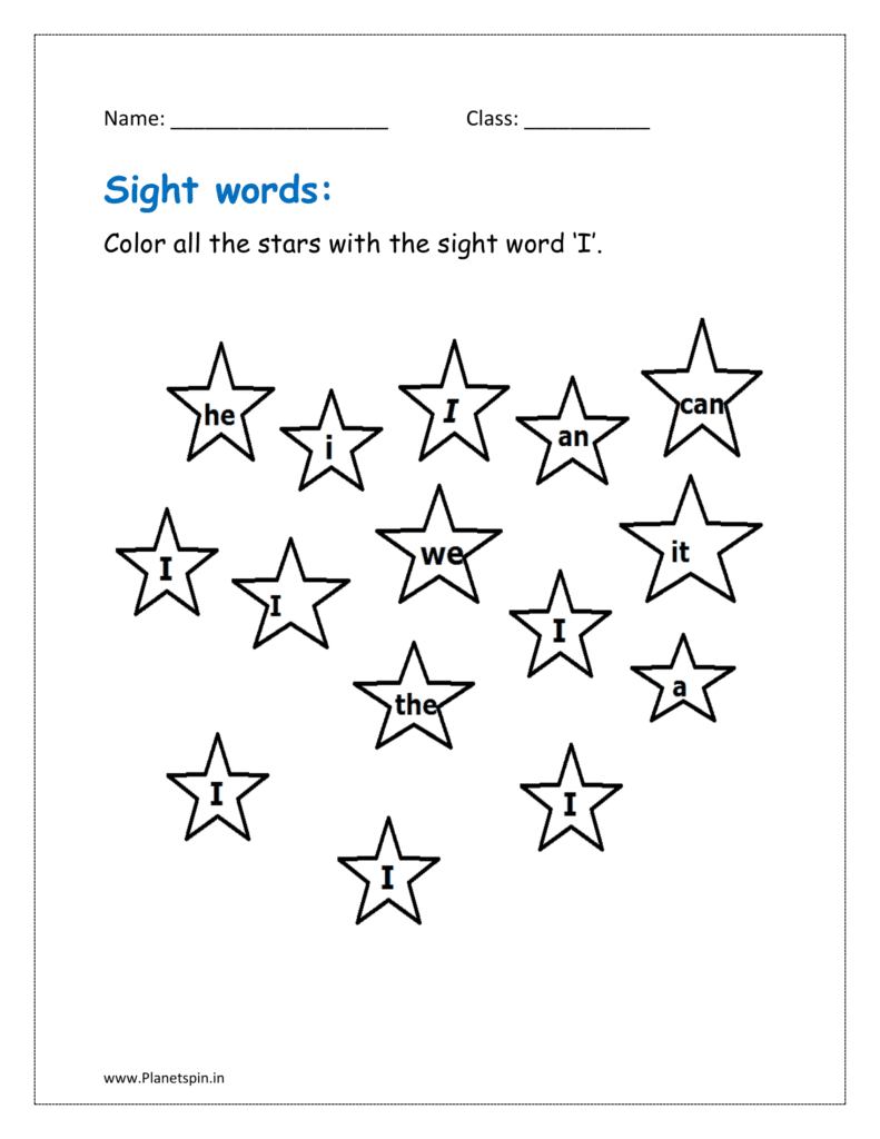 I: Color all the stars with the sight word ‘I’