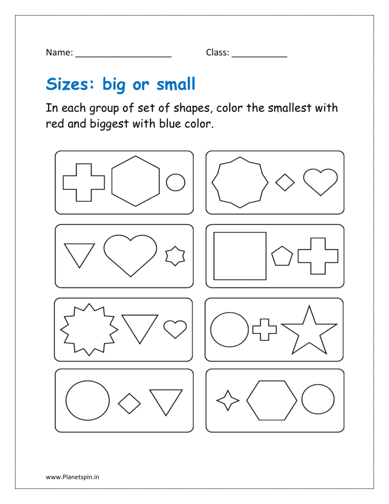 In each group of set of size, color the smallest with red and biggest with blue color in worksheets