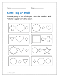 In each group of set of size, color the smallest with red and biggest with blue color in worksheets