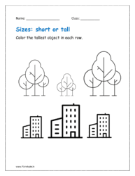 Color the tallest object in each row (Comparing sizes worksheets for kindergarten)