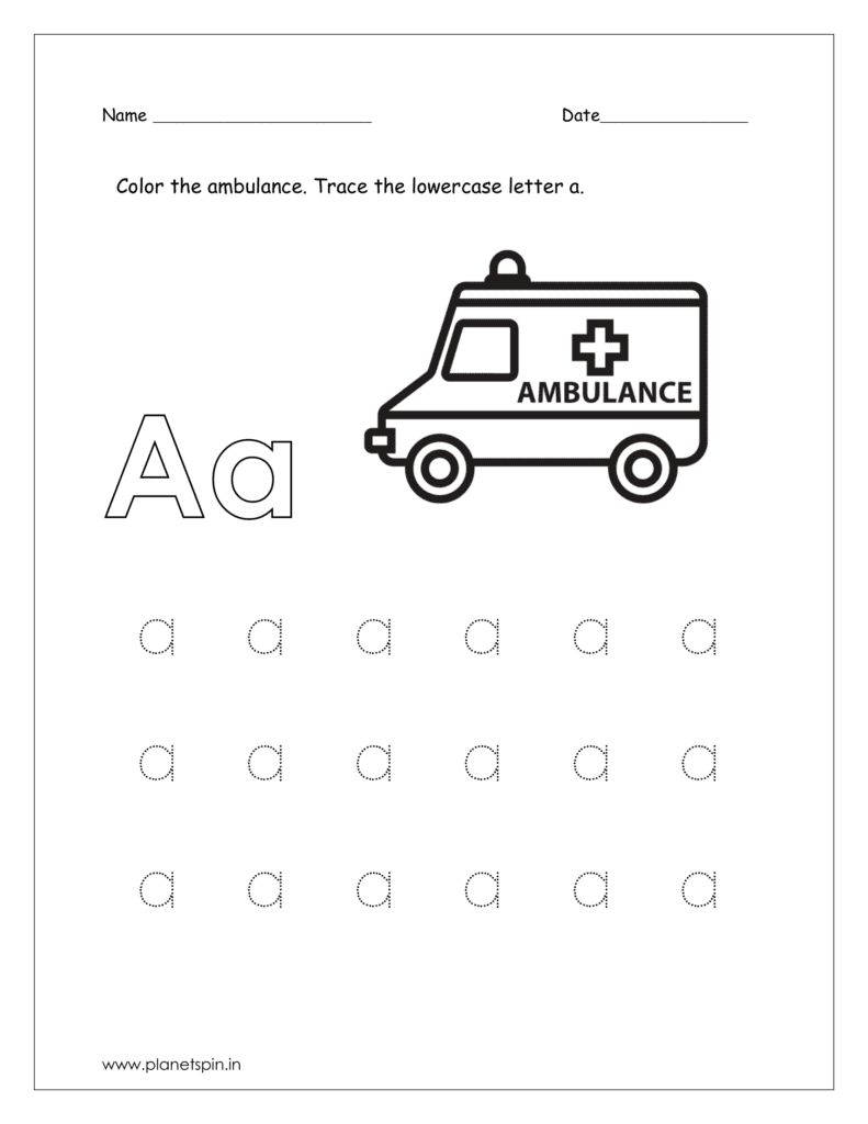 Color the ambulance (letter a worksheet for preschool)