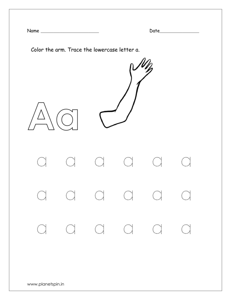 Download the free printable letter a worksheets for preschoolers and Color the arm 