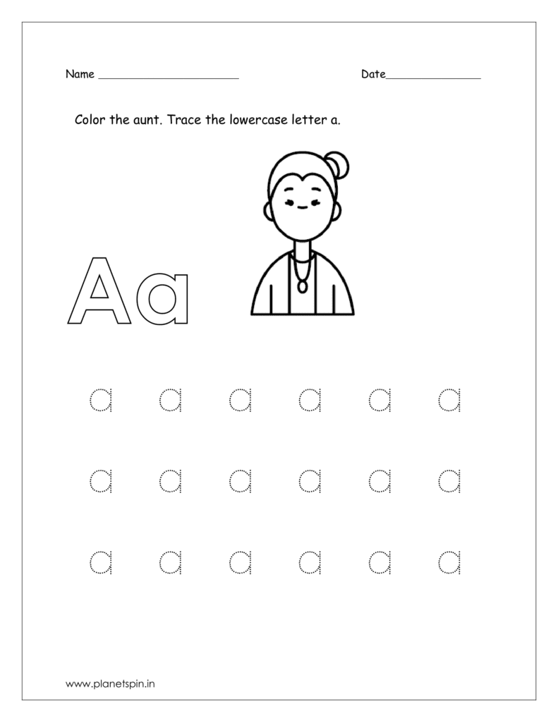 Color the aunt (letter a worksheet for preschool)