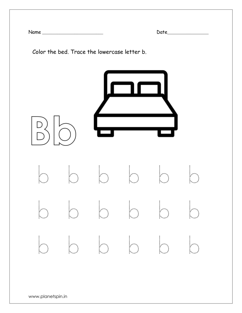 Color the bed and trace the lowercase letter b