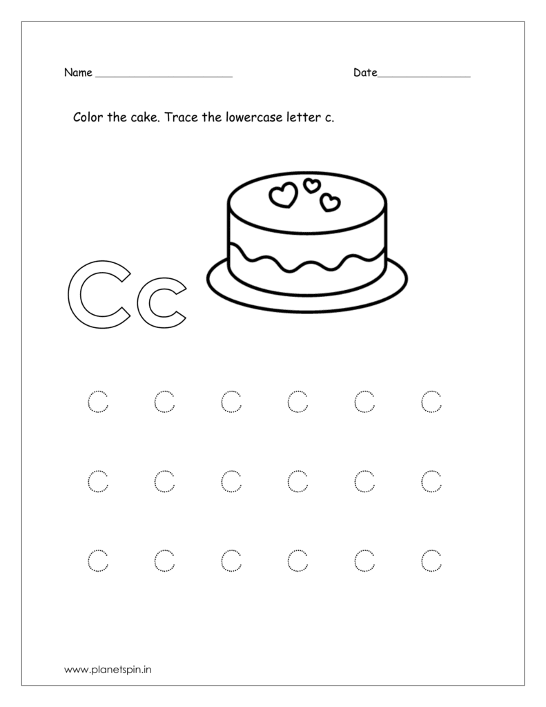 Coloring the cake and tracing the lowercase letter c.