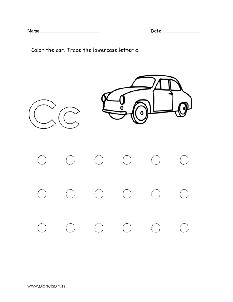 Color the car and trace the lowercase letter c.