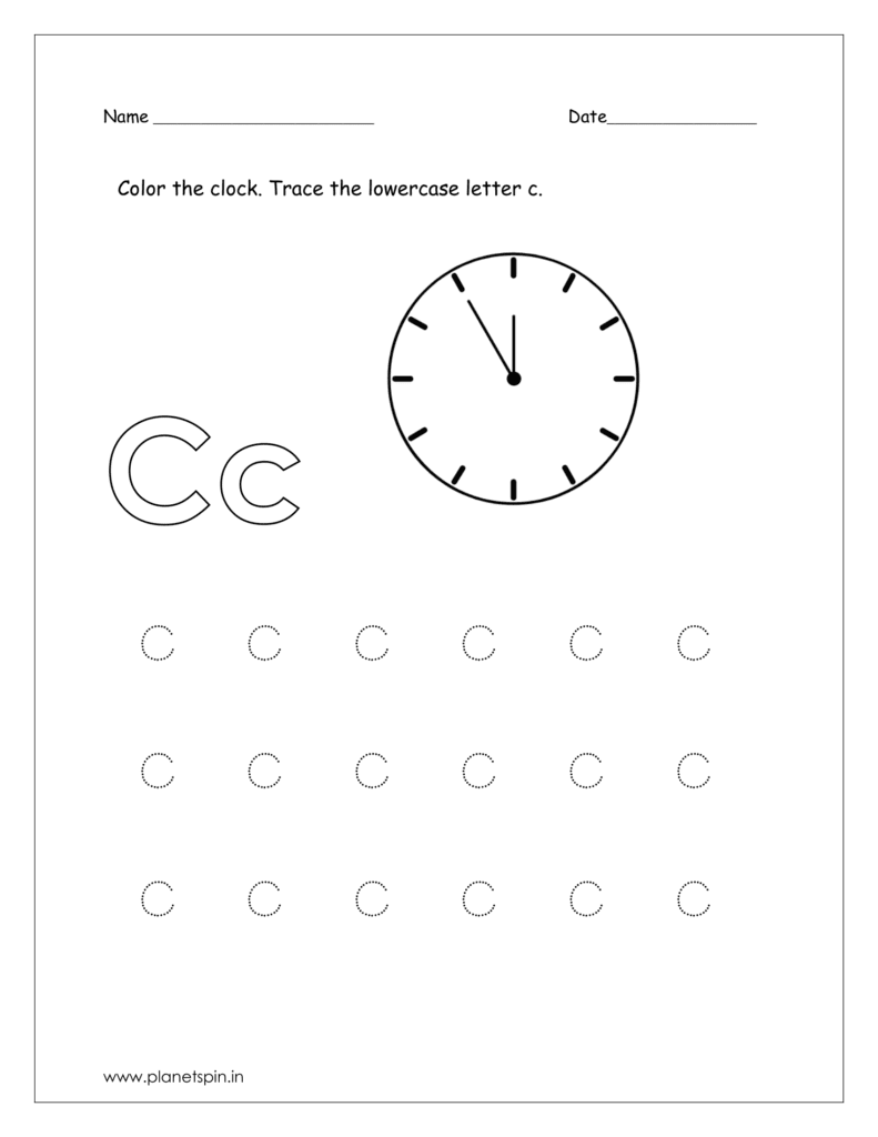 Color the clock and trace the lowercase letter c.