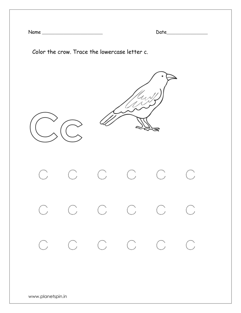 Coloring the crow and tracing the lowercase letter c.