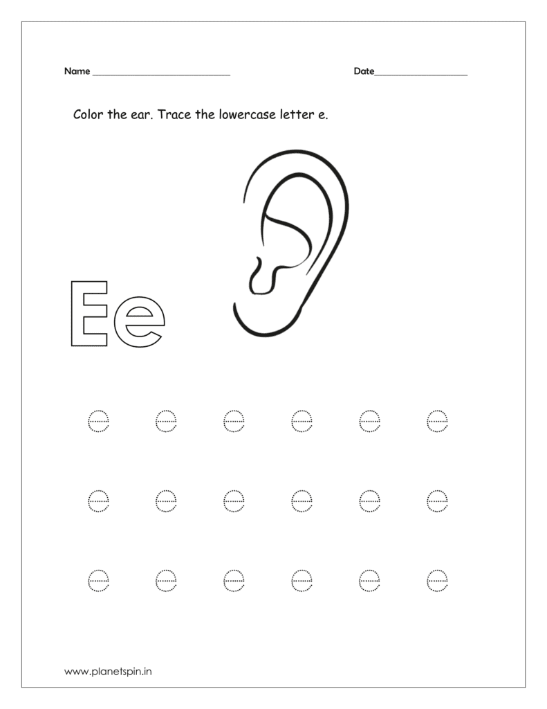 Color the ear and trace the lowercase letter e.