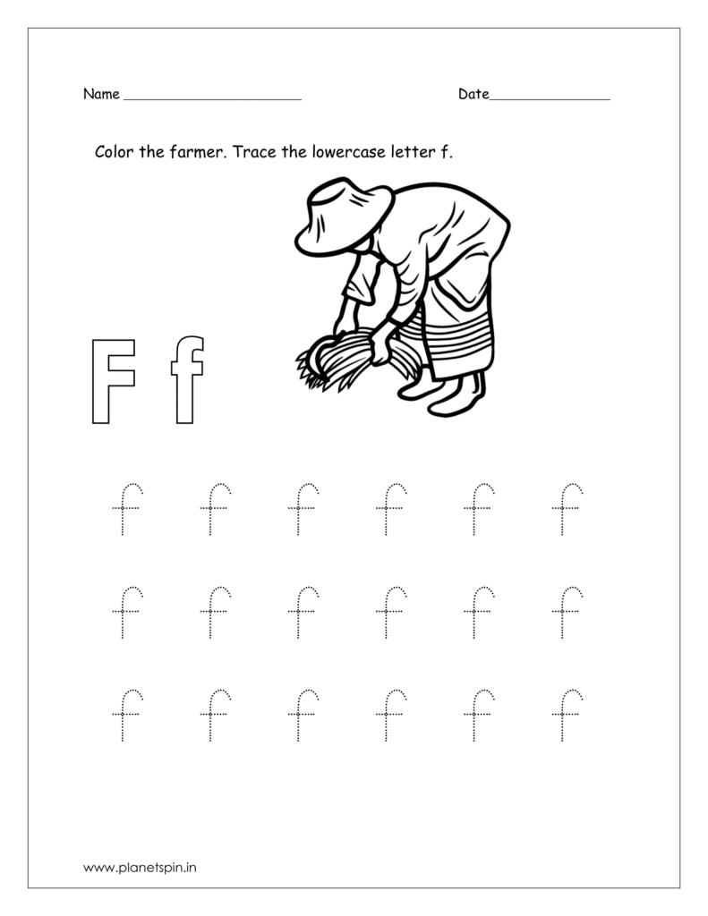 Color the farmer and trace the letter.