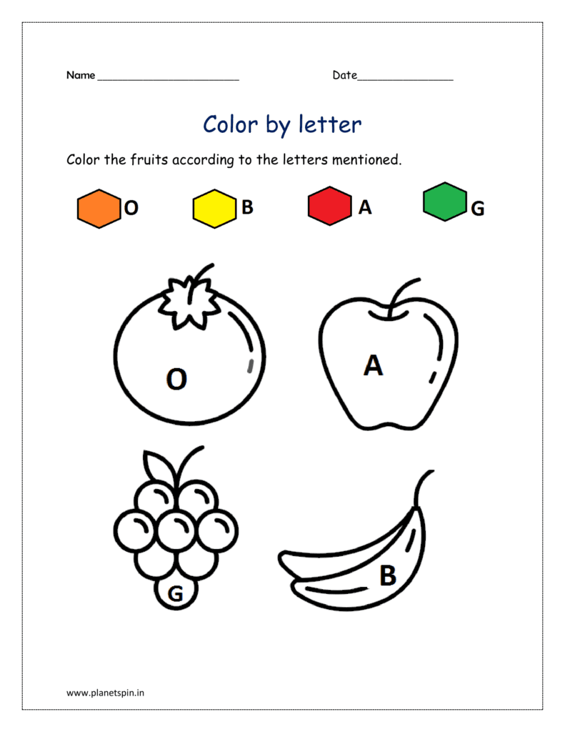 Fruits: Coloring the fruits according to the letters mentioned 