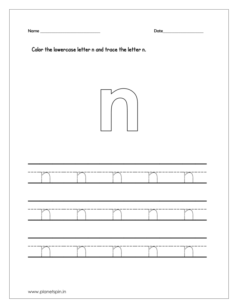 Color the lowercase letter n. Then trace the lowercase letter n on four line worksheets.