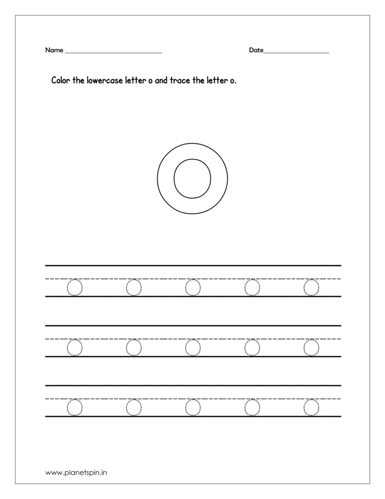 Trace and write lowercase letter O on four line worksheet