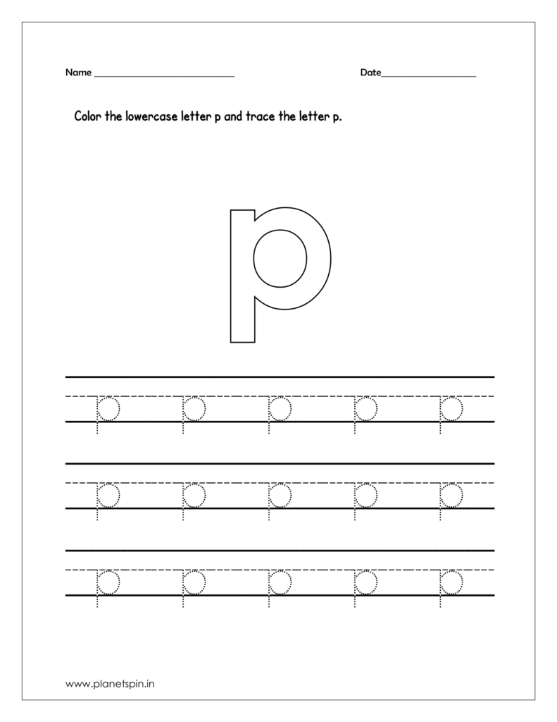 Color the lowercase letter p and trace the letter on four line worksheet