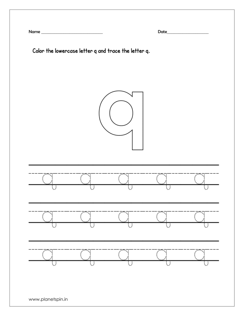 Color the lowercase letter q and trace the letter on four line worksheet