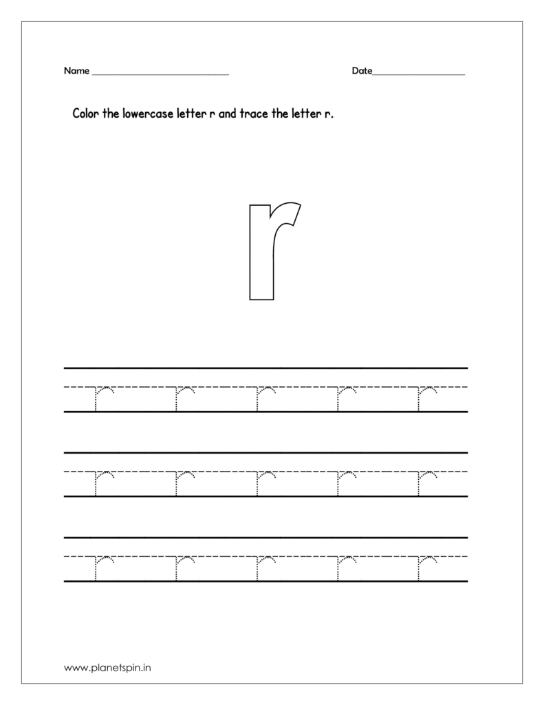 Color the lowercase letter r and trace the letter on four line printable worksheet