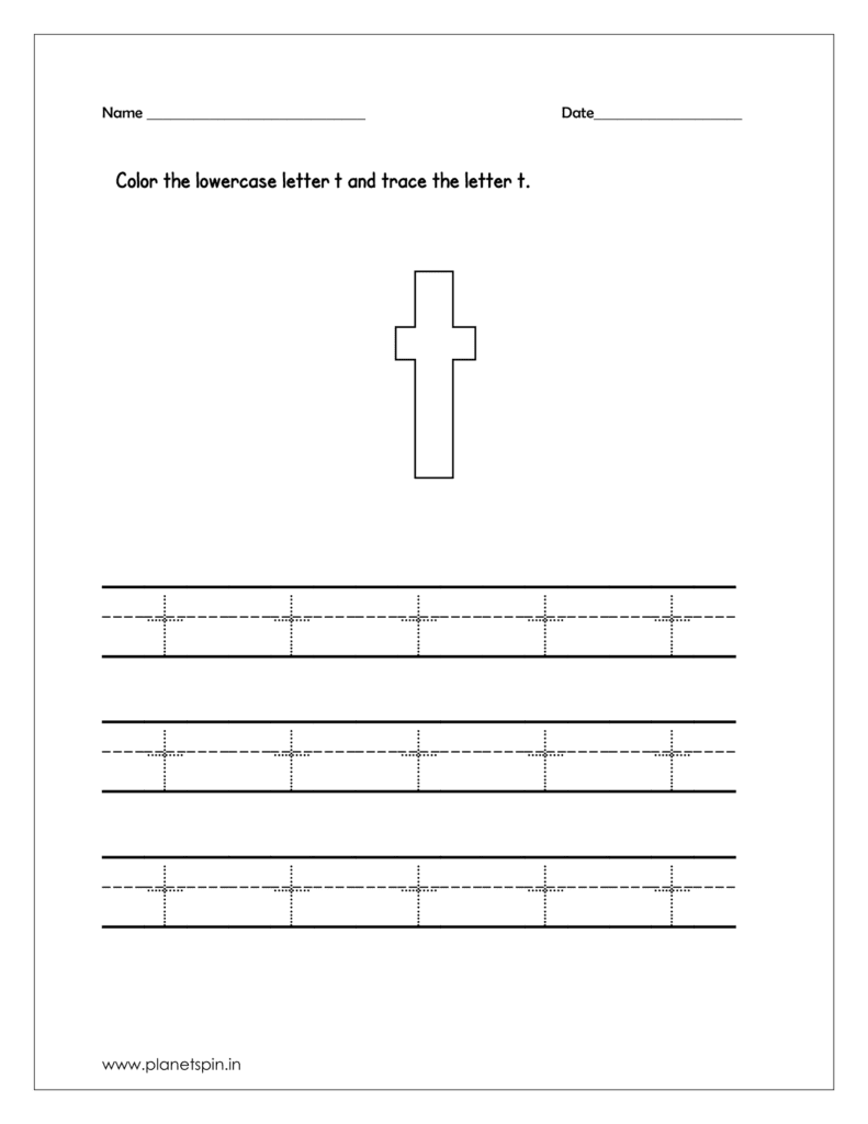 Color the lowercase letter t and trace the letter t on four line worksheets for kindergarten.