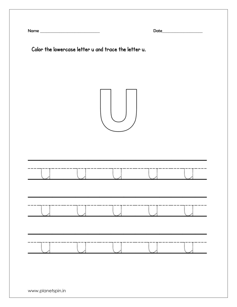 Color the lowercase letter u and trace the letter on four line worksheet